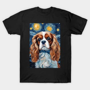 Cavalier King Charles Spaniel Dog Breed Painting in a Van Gogh Starry Night Art Style T-Shirt